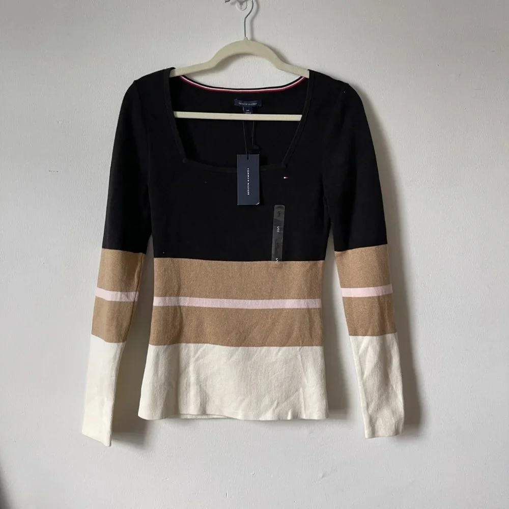 NWT Tommy Hilfiger Essential Stripe Square Neck Sweater In Black Size S - Picture 2 of 6